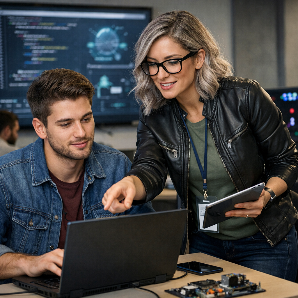 Modern female techfocused instructor with a male student