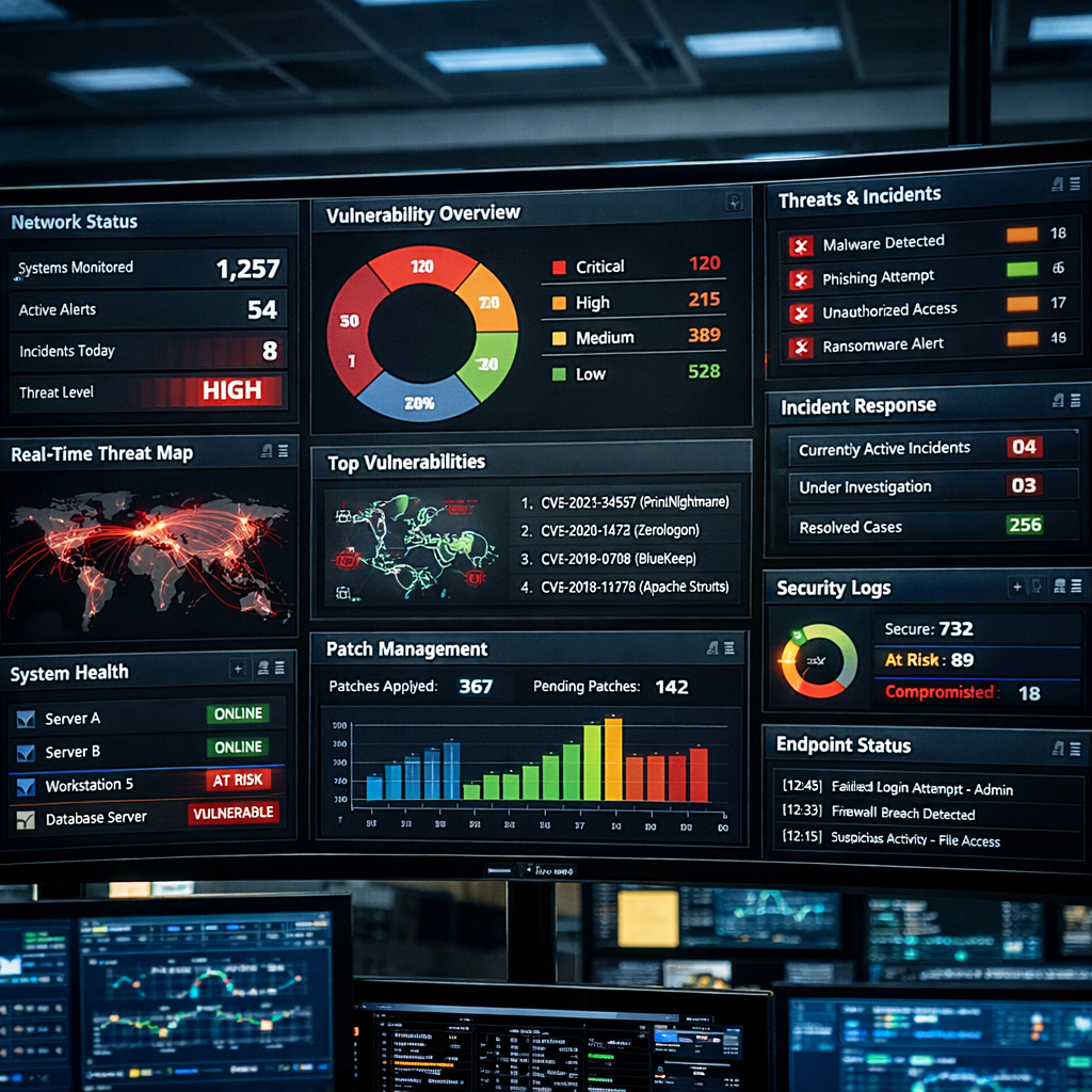 computer dashboard in a security operations center with systems vulnerabilities etc