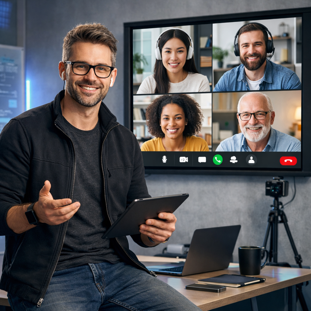 modern techfocused instructor with a screen that has a videocall open-1